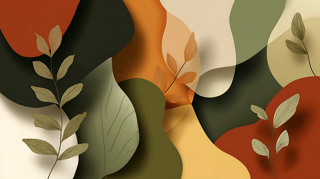 Abstract Botanical Background with Earth Tone Organic Shapes and Modern Minimal Leaf Design