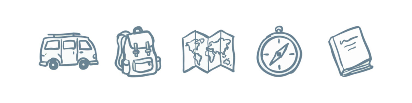 Travel and Adventure Hand Drawn Icons Set with Camper Van Backpack World Map Compass and Guidebook