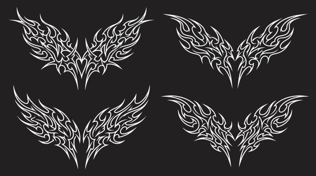 Set of four tribal wing tattoo vector designs on dark background.