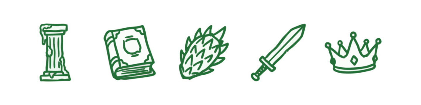 Set of hand drawn fantasy and medieval icons with sword crown and magic book