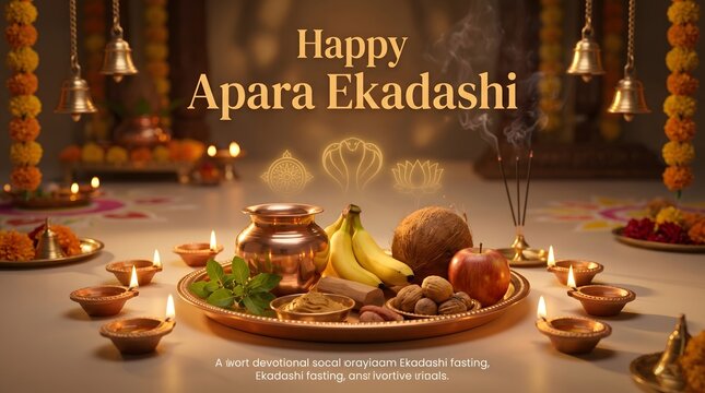 Happy apara ekadashi devotional offering with fruits incense and diyas for spiritual celebration