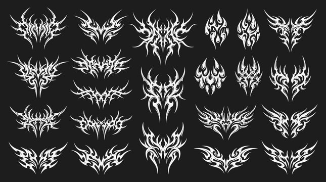 Collection of white tribal tattoo design emblems on black background.