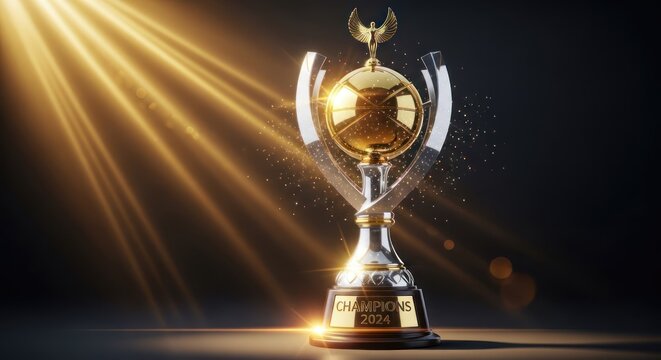 A golden trophy with a globe and wings, illuminated by dramatic light, set against a dark background with sparkling effects. The trophy is the focal point, symbolizing achievement and victory.