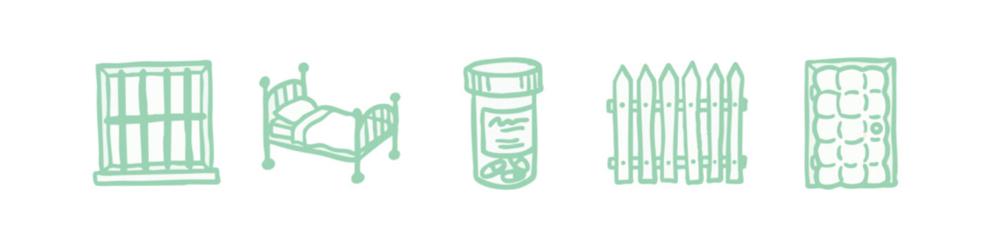 Set of hand drawn medical and prison icons including bed pill bottle and fence in mint green