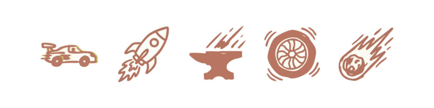 Hand drawn speed and industry icons with rocket race car anvil and meteor in brown color