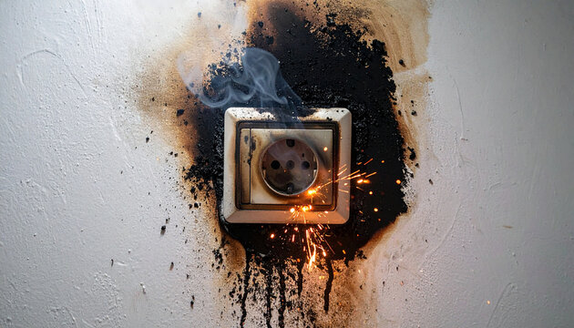 Damaged electrical socket on painted wall, heavy black soot stains spread upwards from outlet, small active sparks popping, white smoke rising