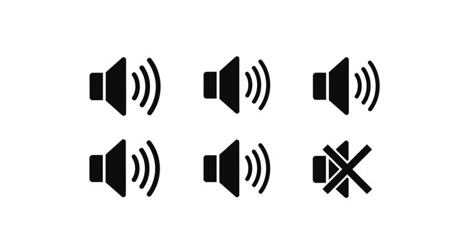 Black volume control icons illustrating sound levels from loud to muted states