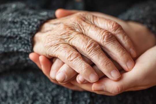 A touching close-up captures the intertwined hands of an elderly person and a younger individual, symbolizing care, connection, and the passage of time.