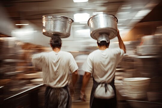 Two kitchen workers swiftly navigate a busy restaurant environment, each balancing a large pot on their head.