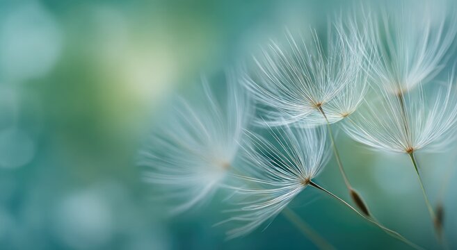 Delicate dandelion seeds float gently against a soft, blurred teal background.