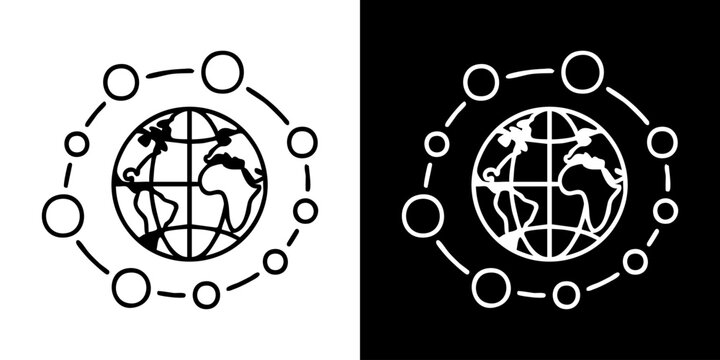 A graphic illustration shows a globe surrounded by connected circles on white and black backgrounds.