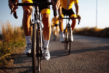 Fototapeta premium A group of cyclists in yellow jerseys ride along a sunlit road, showcasing athleticism and teamwork in a competitive setting.