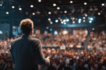 Fototapeta premium A man in a suit addresses a large audience in a dimly lit auditorium, creating a powerful and engaging atmosphere.