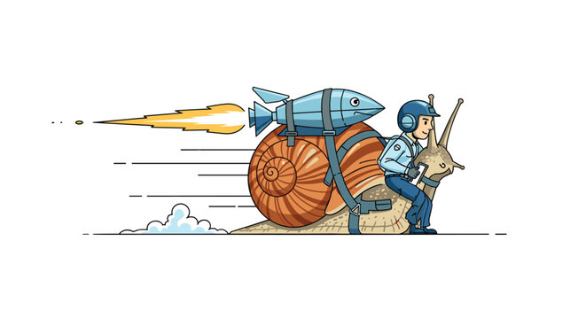 Skilled delivery person in a helmet rides a fast snail with a rocket attached to its shell to represent surprisingly quick service.