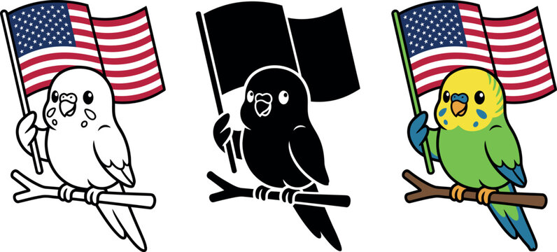 Three cartoon parakeets holding American flags on branches in different colors
