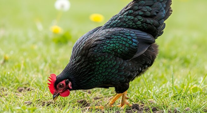 Black Australorp Chicken Foraging in a Grassy Field.