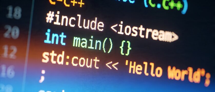 The image displays a close-up view of a computer screen showing lines of code on a programming interface.