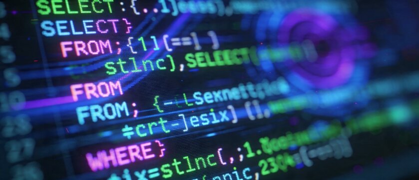 The image displays a close-up of a computer screen showing coding text with scattered colorful lines and symbols.