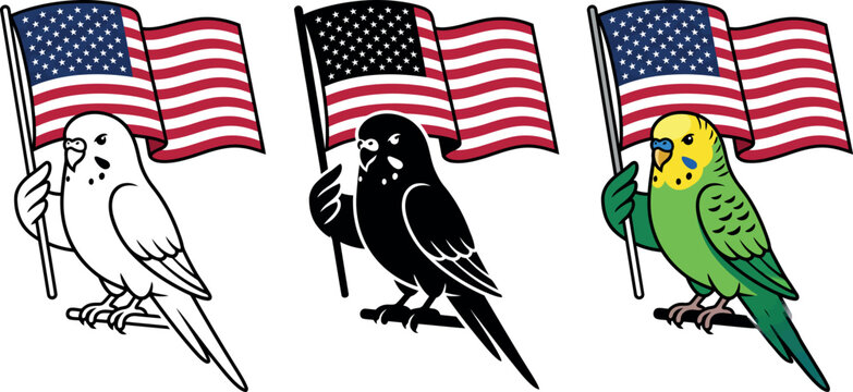 Three colorful parakeets holding American flags in their hands standing proudly side by side