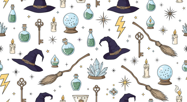 Seamless pattern with magical elements including witch hats, brooms, crystal balls, magic potions, and keys on white background.