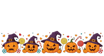 Fototapeta premium Decorative horizontal border for halloween featuring carved pumpkins wearing witch hats, lollipops, candy canes, and hearts.
