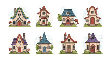 Naklejka premium Set of eight whimsical and colorful fairytale houses with quirky roofs and mushrooms growing around them on a clean background.