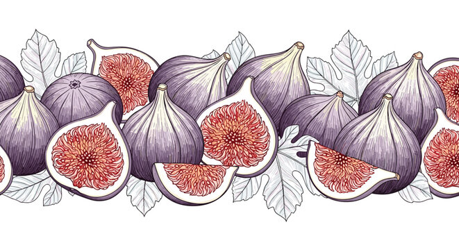 Horizontal decorative border featuring vintage style engravings of whole and sliced purple figs and green fig tree leaves.