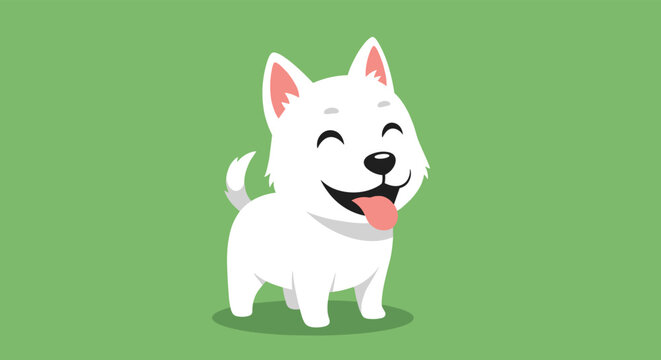 Cute digital illustration of a happy white puppy dog with its tongue out standing on a bright green background with its tail wagging.