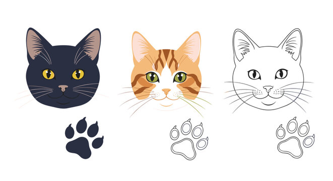 Set of three cat head portraits in different styles including black cat, ginger tabby cat, and a simple line art version.