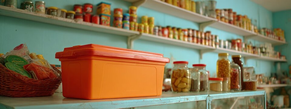 Grocery store shelves stocked with a variety of food products including canned goods, jars, and packaged items in a well-organized retail setting
