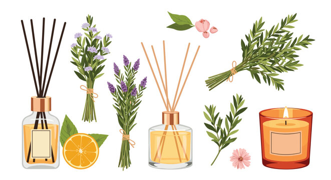 Collection of aromatherapy and wellness items including reed diffusers, essential oils, bundles of lavender, and a scented candle.