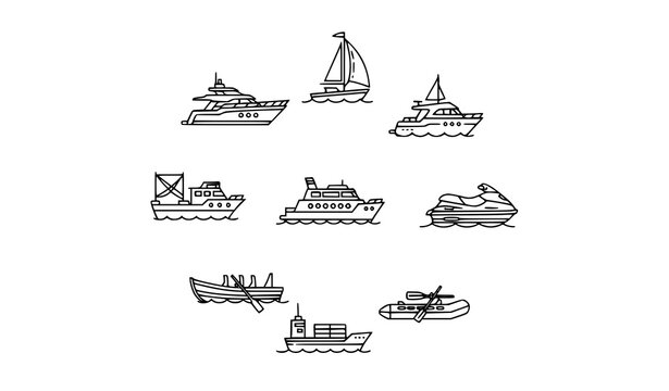 Modern Linear Marine Transport Icon Set Featuring Yacht Boats Sailing and Water Vehicles in Minimal Outline Style Vector Pack