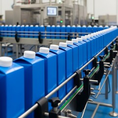 Fototapeta premium Blue Beverage Cartons Moving on a Conveyor Belt in a Factory.
