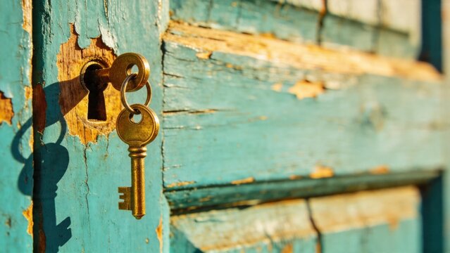 The image shows a close-up view of old keys on a weathered turquoise wooden door with peeling paint.