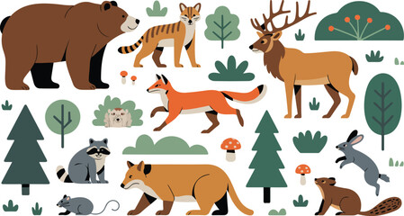 Obraz premium Cute woodland forest illustration with bear deer fox raccoon rabbits and trees whimsical nature scene flat minimalist vector design