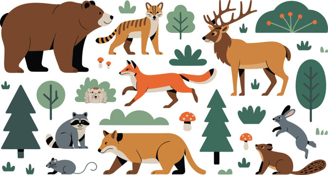 Cute woodland forest illustration with bear deer fox raccoon rabbits and trees whimsical nature scene flat minimalist vector design