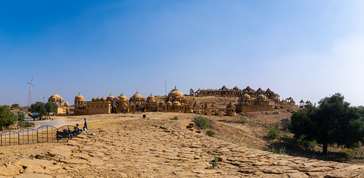 Ancient Royal Cenotaphs at Bada Bagh with Modern Wind Turbines on the Horizon, Jaisalmer, Rajasthan, India