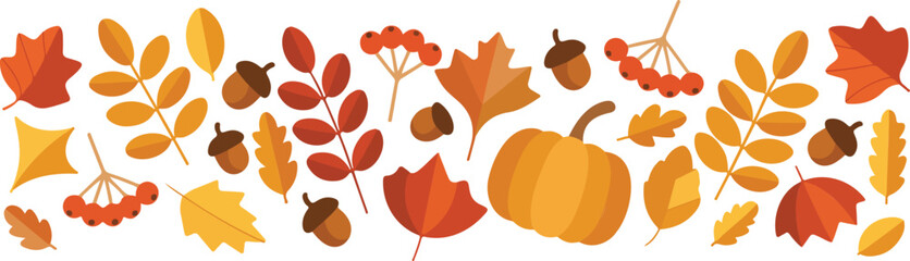 Autumn seamless border pattern with maple leaves acorns berries and pumpkin warm fall colors flat minimalist vector design © MD