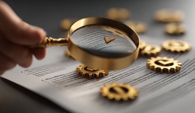 Hand holding a golden magnifying glass inspecting a gold checkmark on document with mechanical gears on dark surface