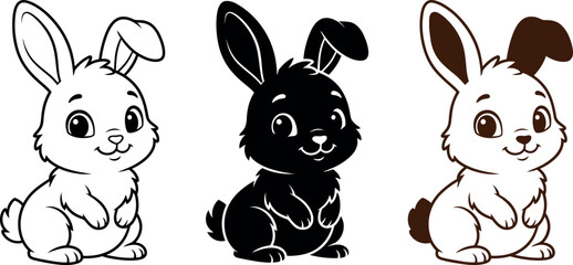 Three cute cartoon rabbits in different color styles sitting upright  looking around © SAYEDAJANNATUL