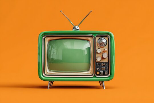 A vibrant vintage television set stands prominently against a bright orange background, evoking a sense of nostalgia and retro design.