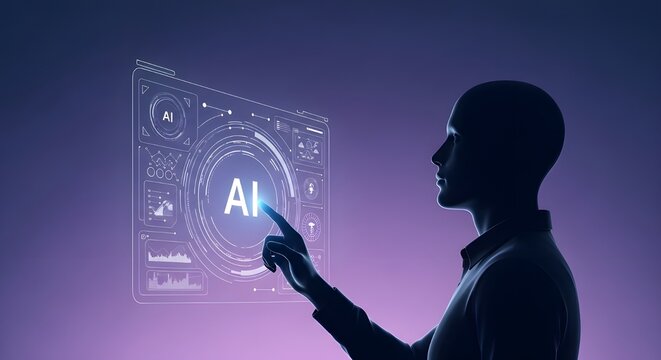 Artificial Intelligence interface touching screen, futuristic technology concept