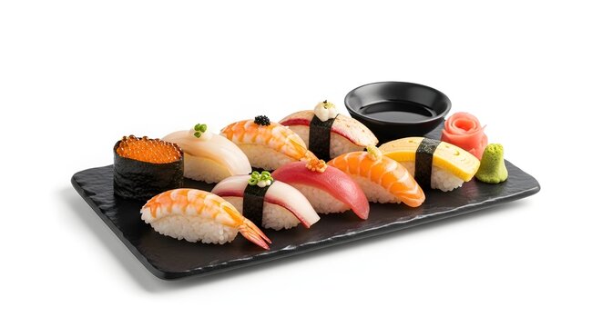 Assortment of fresh sushi and sashimi served on a black platter with soy sauce