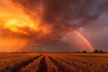 Obraz premium Dramatic stormy landscape with rainbow over wheat field