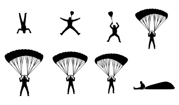 Skydiver silhouette vector set showing parachuting poses in free fall and canopy deployment isolated on white background for extreme sports design