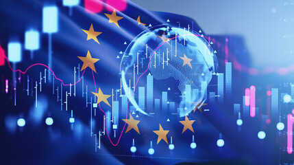 European flag with digital globe and financial market chart concept showing stock exchange trends, economic rise signals, and future invest outlook. 3D Rendering © ImageFlow