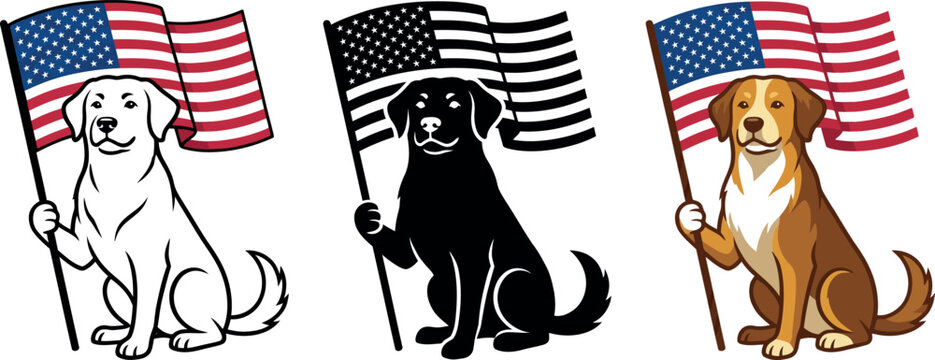 Three dogs holding American flags in patriotic colorful illustration