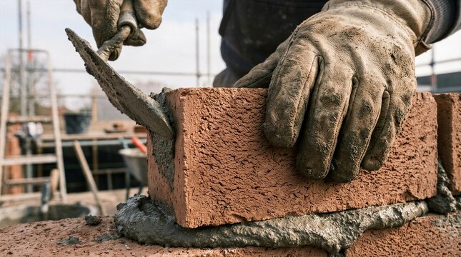 Close up of bricklayer placing red brick for building industry blog or trade school flyer