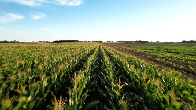 A field of crops stretches to the horizon under a vast blue sky. Rows of green foliage dominate the foreground, with fields in varying colors