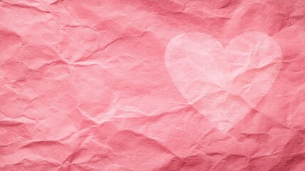 Fototapeta premium A crumpled pink paper background with a subtle, translucent heart shape on the right side, pink heart background